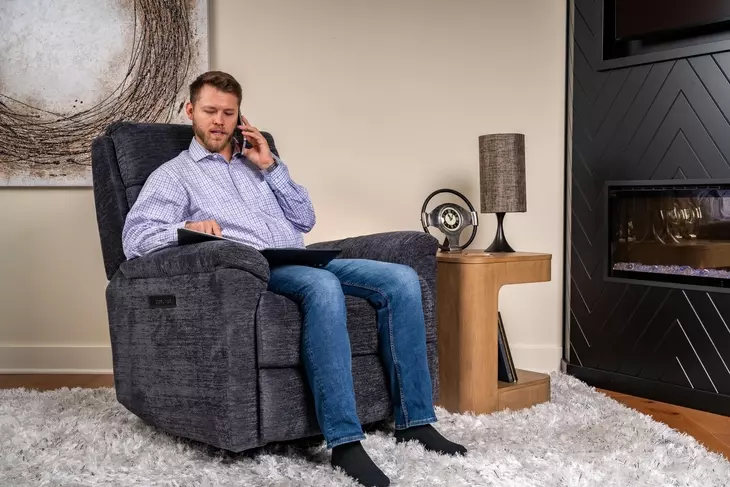 Sophisticated Steel Performance Fabric Swivel Gliding Power Recliner with Power Lumbar and USB Charging