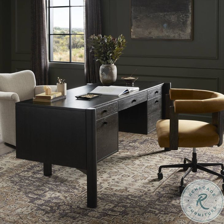 Reza Worn Black Parawood 70" Drawer Desk