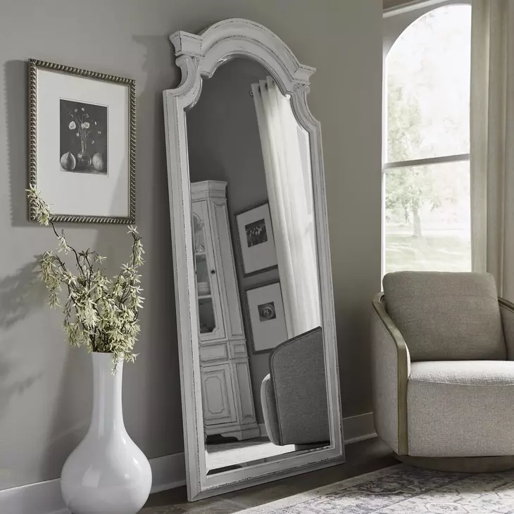Southern Manor Antique White and Weathered Bark Arched Floor Mirror
