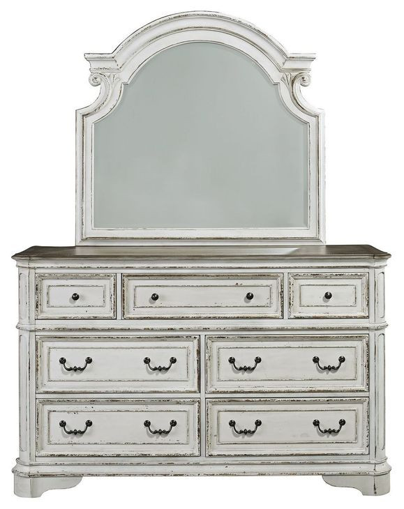 Magnolia Manor Antique White and Weathered Bark 7 Drawer Dresser with Mirror