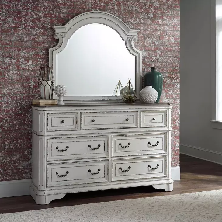 Magnolia Manor Antique White and Weathered Bark 7 Drawer Dresser with Mirror