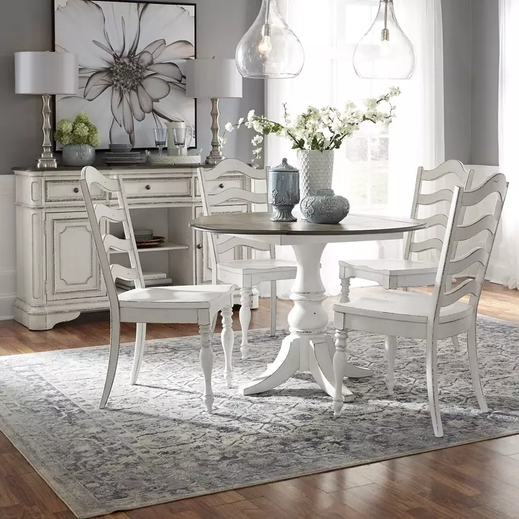 Southern Manor Antique White and Weathered Bark 5 Piece Extendable Pedestal Base Dining Set