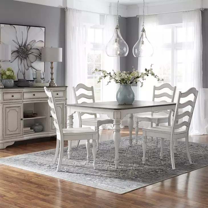 Southern Manor Antique White and Weathered Bark 5 Piece Leg Base Extendable Dining Set