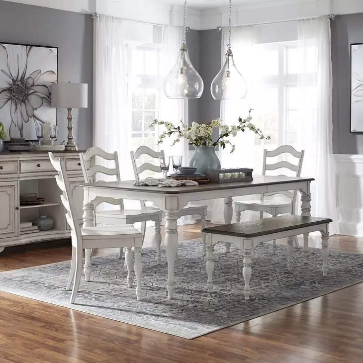 Southern Manor Antique White and Weathered Bark 6 Piece Extendable Dining Set with Bench