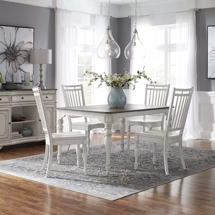 Magnolia Manor Antique White and Weathered Bark 5 Piece Extendable Leg Dining Set