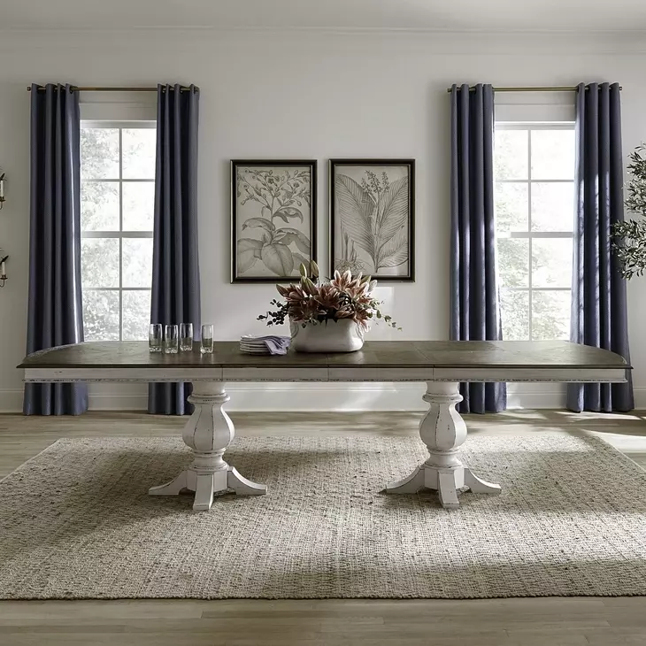 Southern Manor Antique White and Weathered Bark 124" Extendable Rectangular Dining Table