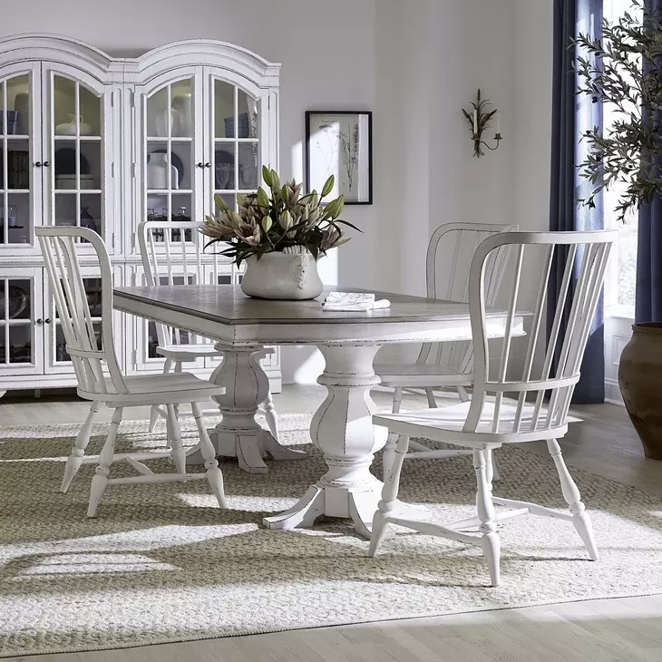 Magnolia Manor Antique White and Weathered Bark 5 Piece Extendable Double Pedestal Base Dining Set