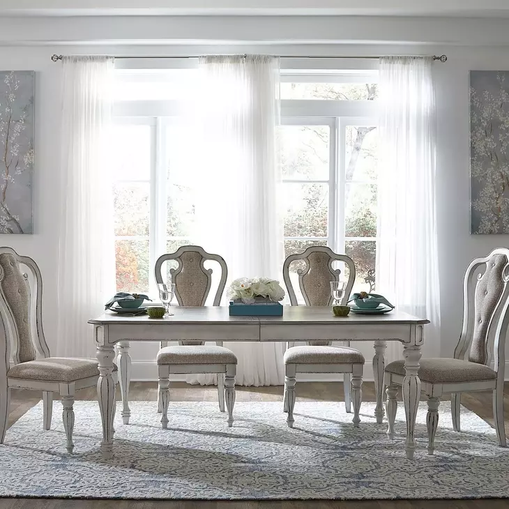 Southern Manor Antique White and Weathered Bark Upholstered 5 Piece Extendable Leg Dining Set