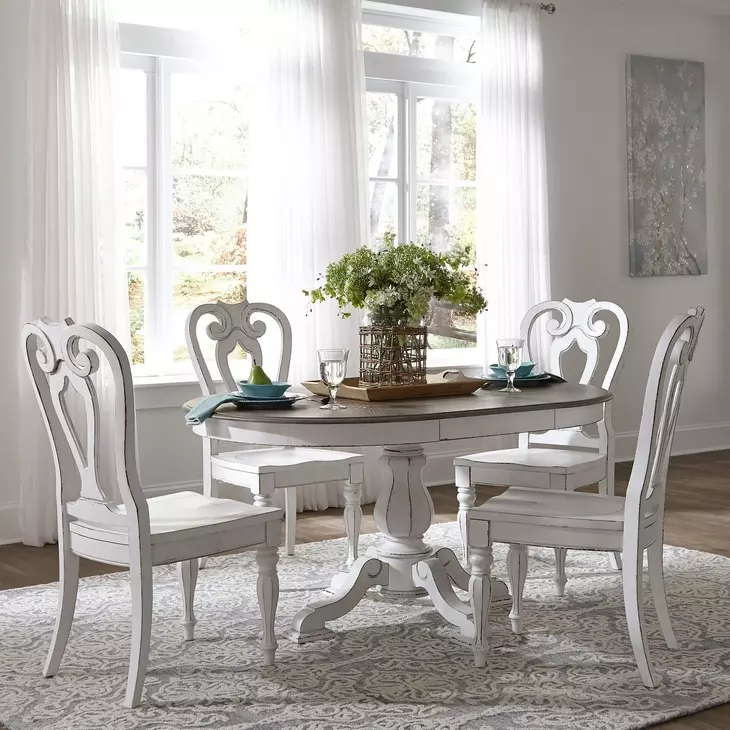 Southern Manor Antique White and Weathered Bark 5 Piece Round Extendable Dining Set