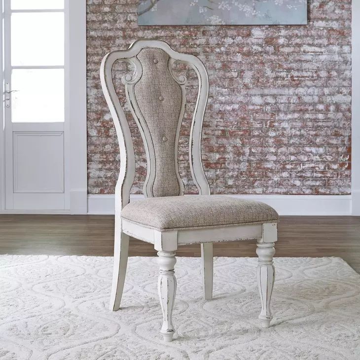 Southern Manor Antique White and Weathered Bark Upholstered 5 Piece Extendable Rectangular Dining Set