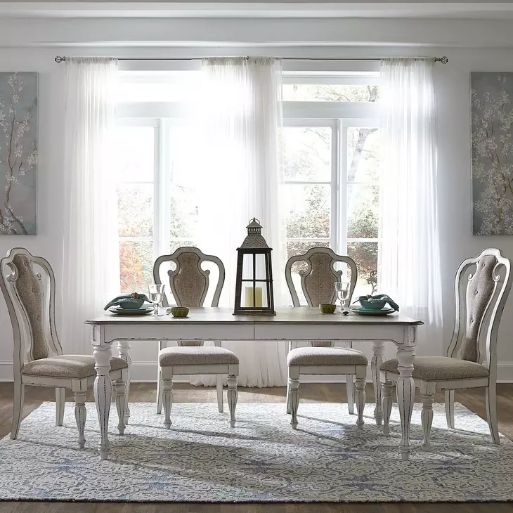 Southern Manor Antique White and Weathered Bark Upholstered 5 Piece Extendable Rectangular Dining Set