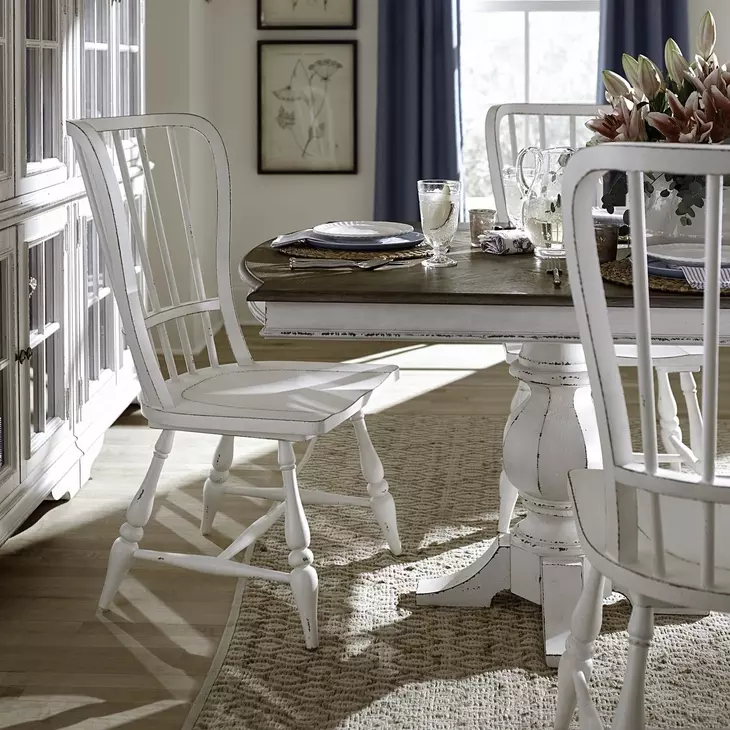 Magnolia Manor Antique White and Weathered Bark 7 Piece Extendable Double Pedestal Dining Set