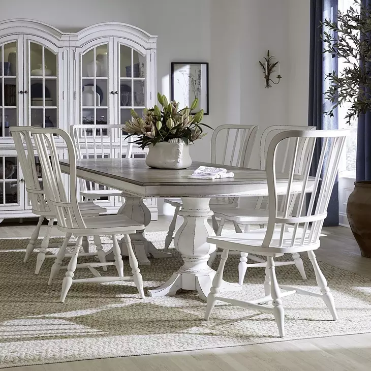 Magnolia Manor Antique White and Weathered Bark 7 Piece Extendable Double Pedestal Dining Set