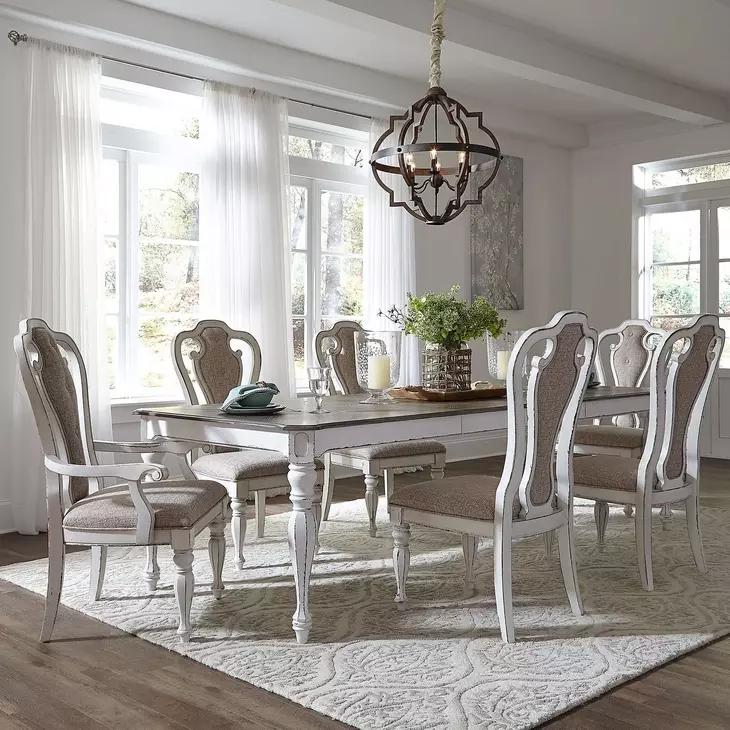 Camellia Manor Antique White and Weathered Bark Upholstered 7 Piece Extendable Leg Dining Set