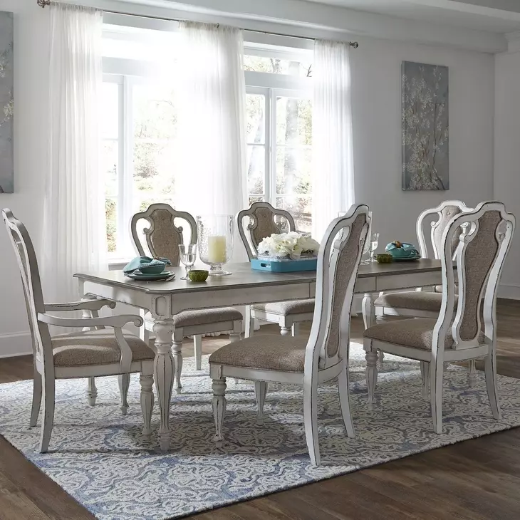 Southern Manor Antique White and Weathered Bark Upholstered 7 Piece Extendable Rectangular Dining Set