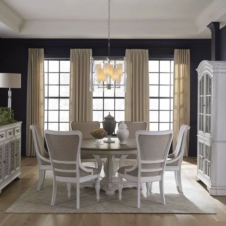 Southern Manor Antique White and Weathered Bark Upholstered 7 Piece Round Pedestal Base Dining Set with Nailhead Trim