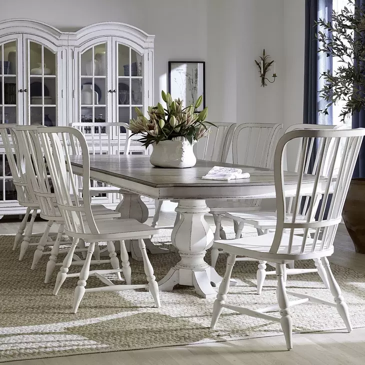 Southern Manor Antique White and Weathered Bark 9 Piece Extendable Double Pedestal Base Dining Set