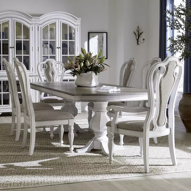 Magnolia Manor Antique White and Weathered Bark Upholstered 7 Piece Extendable Double Pedestal Base Dining Set