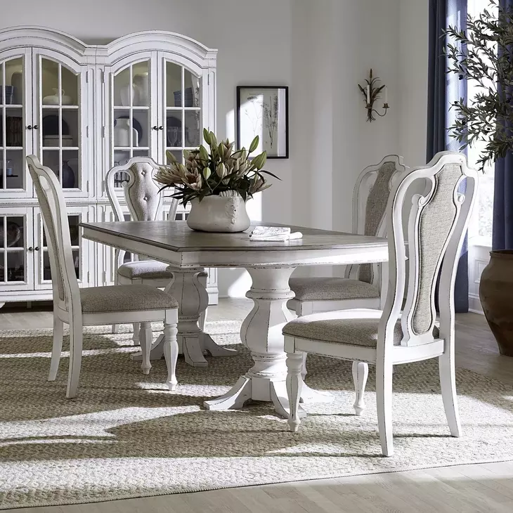 Magnolia Manor Antique White and Weathered Bark Upholstered 5 Piece Extendable Double Pedestal Base Dining Set
