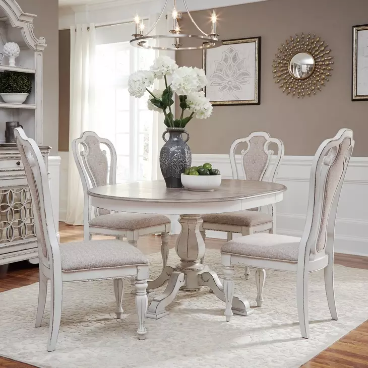 Magnolia Manor Antique White and Weathered Bark Upholstered 5 Piece Extendable Pedestal Base Dining Set