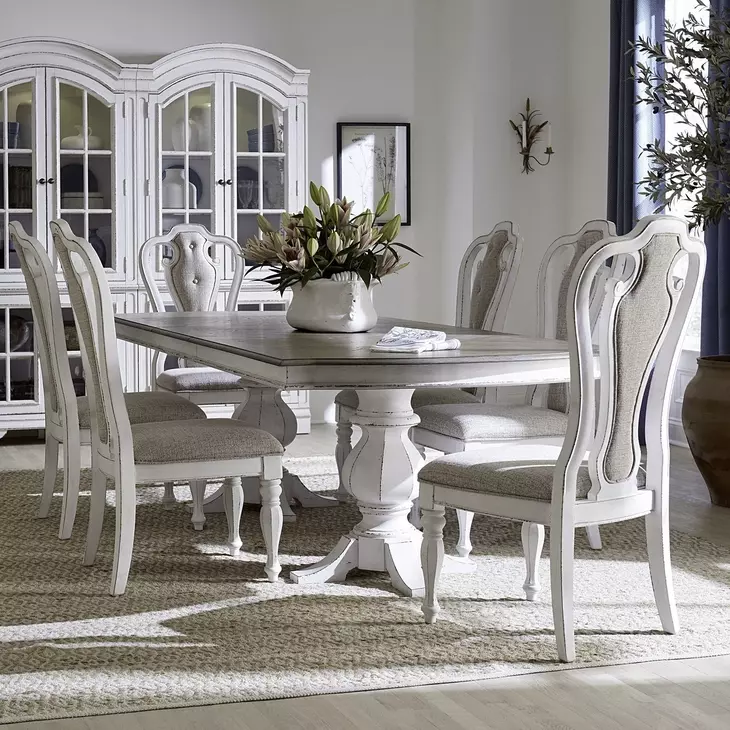 Southern Manor Antique White and Weathered Bark 7 Piece Extendable Double Pedestal Base Dining Set