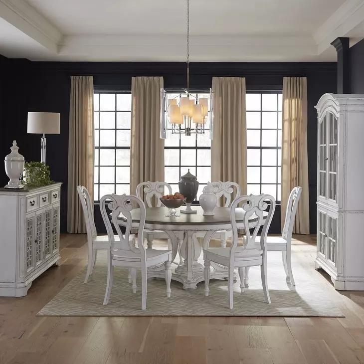 Southern Manor Antique White and Weathered Bark 7 Piece Round Pedestal Base Dining Set