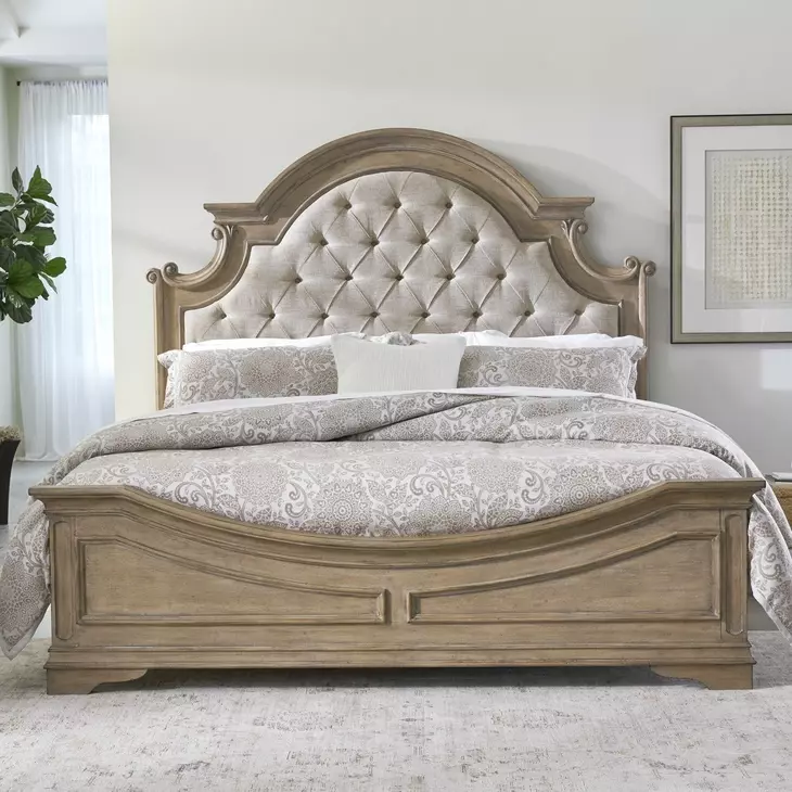 Camellia Manor Weathered Bisque and Tweed Taupe Mist California King Upholstered Panel Bed