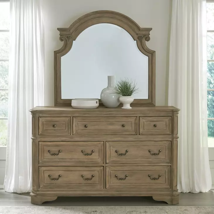 Camellia Manor Weathered Bisque 7 Drawer Dresser with Mirror