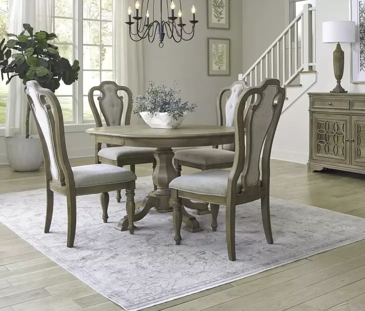 Magnolia Manor Weathered Bisque and Ivory Tweed Upholstered 5 Piece Extendable Pedestal Base Dining Set