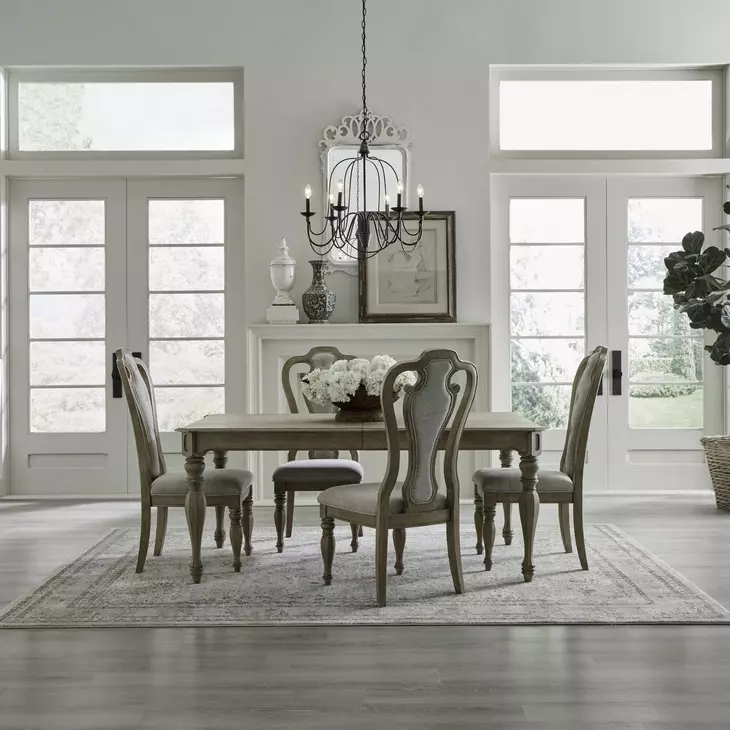 Southern Manor Weathered Bisque and Ivory Tweed Upholstered 5 Piece Extendable Rectangular Dining Set