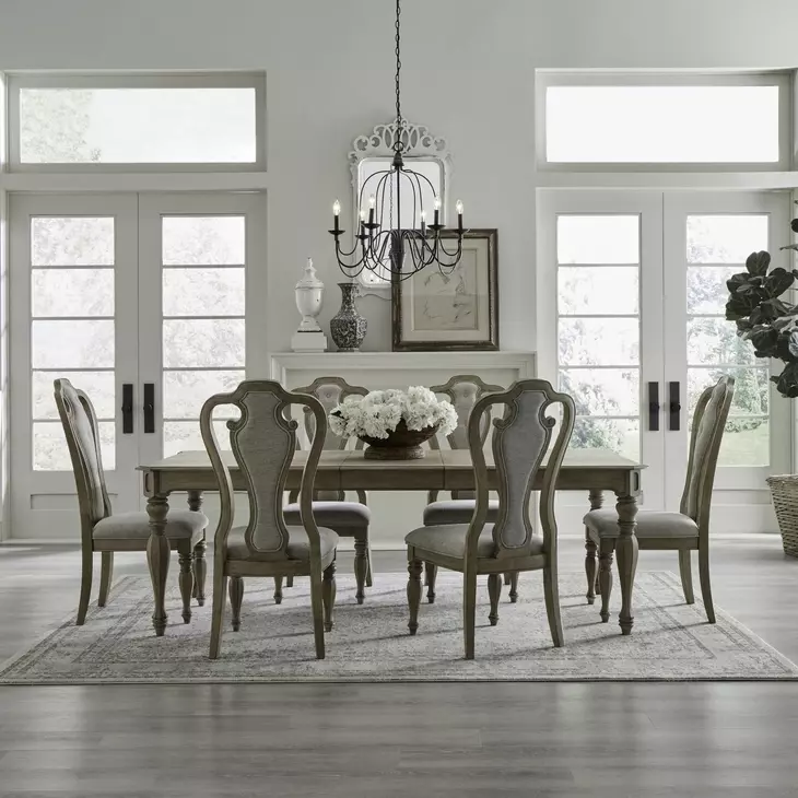 Camellia Manor Weathered Bisque and Ivory Tweed Upholstered 7 Piece Extendable Rectangular Dining Set