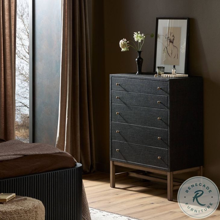 Fiona Black Raffia Tall 5 Drawer Dresser