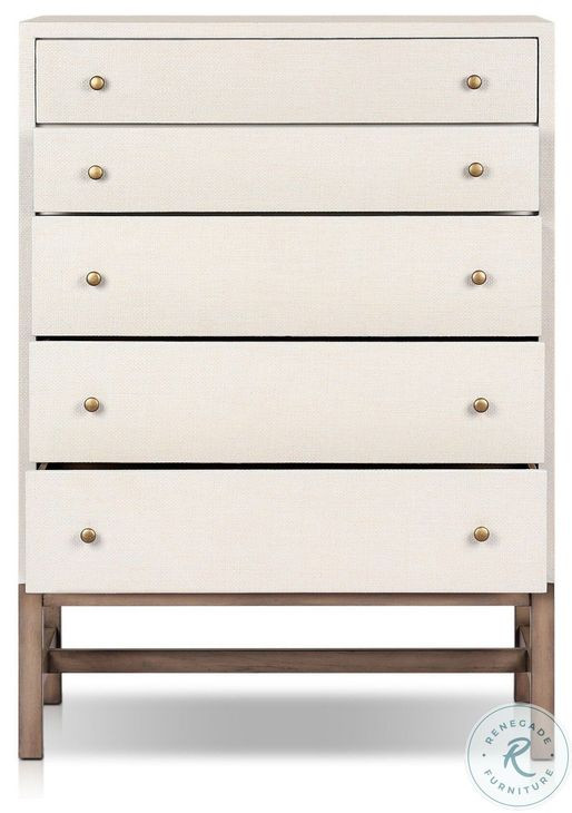 Fiona Ivory Painted Raffia Tall 5 Drawer Dresser