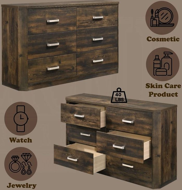 Elettra Rustic Walnut 6 Drawer Dresser