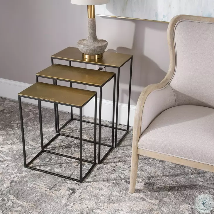 Valentin Aged Black and Antique Gold Side Table Set of 3