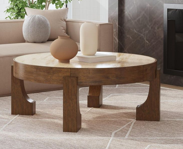 Canyon Espresso and Beige Round Travertine Top Coffee Table