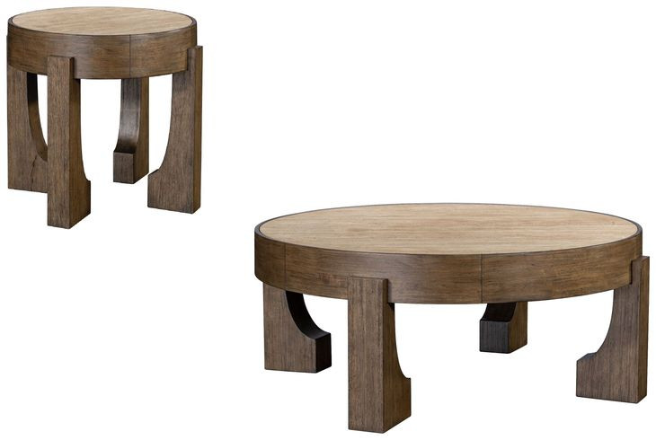 Canyon Espresso and Beige Round Travertine Top End Table