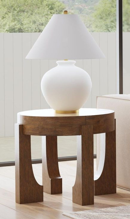 Canyon Espresso and Beige Round Travertine Top End Table