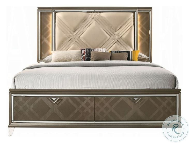 Skylar Synthetic Leather and Dark Champagne Eastern King Upholstered Panel Bed with Storage and LED