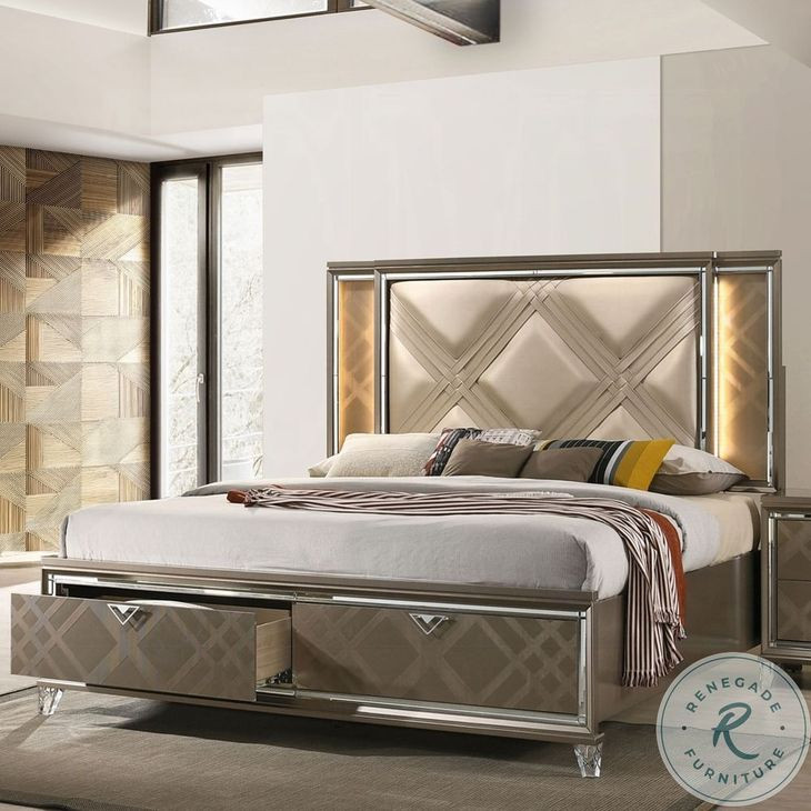 Skylar Synthetic Leather and Dark Champagne Eastern King Upholstered Panel Bed with Storage and LED