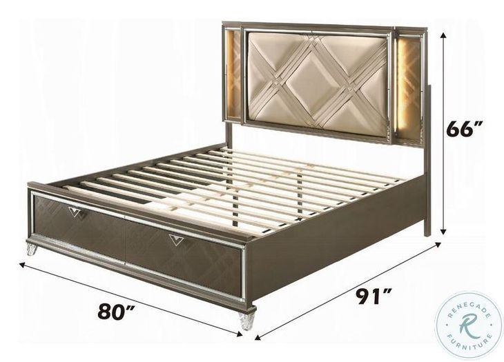 Skylar Synthetic Leather and Dark Champagne Eastern King Upholstered Panel Bed with Storage and LED