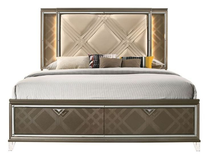 Skylar Beige and Dark Champagne Queen Upholstered Storage Panel Bed with LED