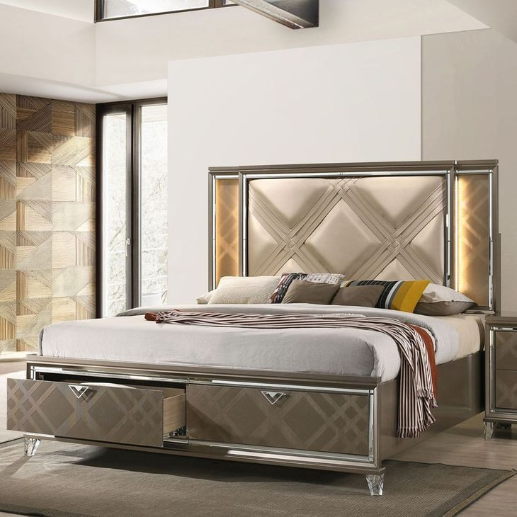 Skylar Beige and Dark Champagne Upholstered Storage Panel Bedroom Set with LED