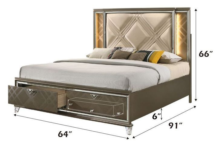 Skylar Beige and Dark Champagne Queen Upholstered Storage Panel Bed with LED