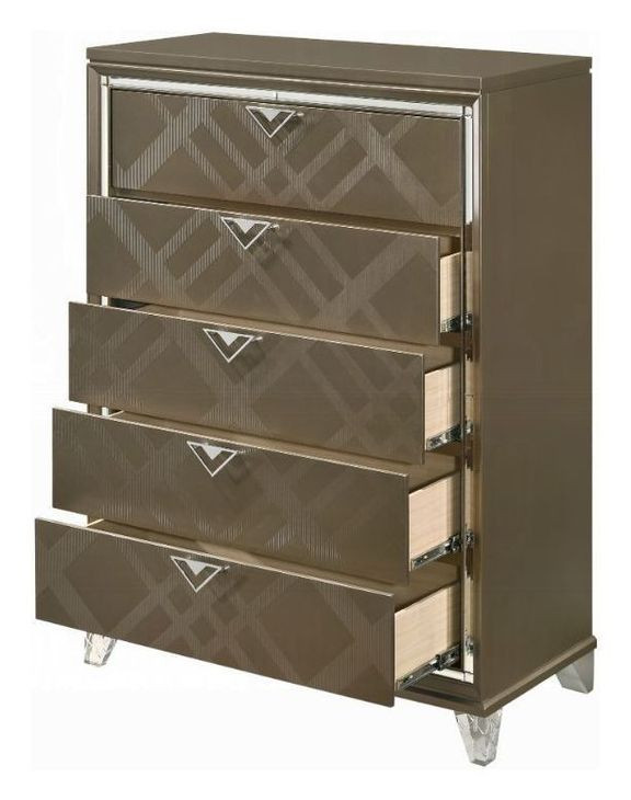 Skylar Beige and Dark Champagne Upholstered Storage Panel Bedroom Set with LED