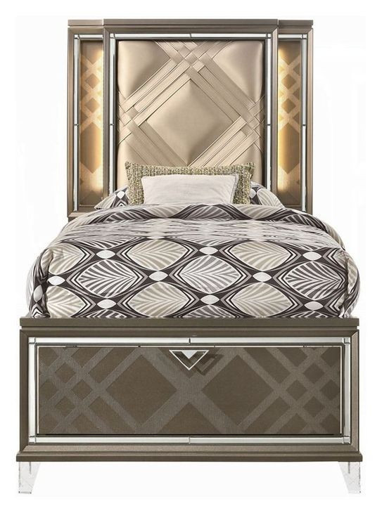 Skylar Beige and Dark Champagne Full Upholstered Storage Panel Bed with LED