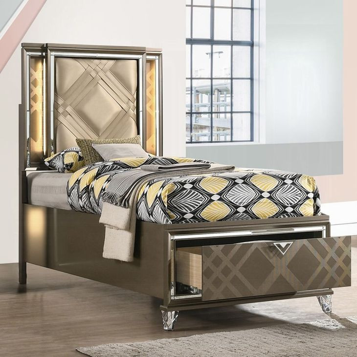 Skylar Beige and Dark Champagne Full Upholstered Storage Panel Bed with LED