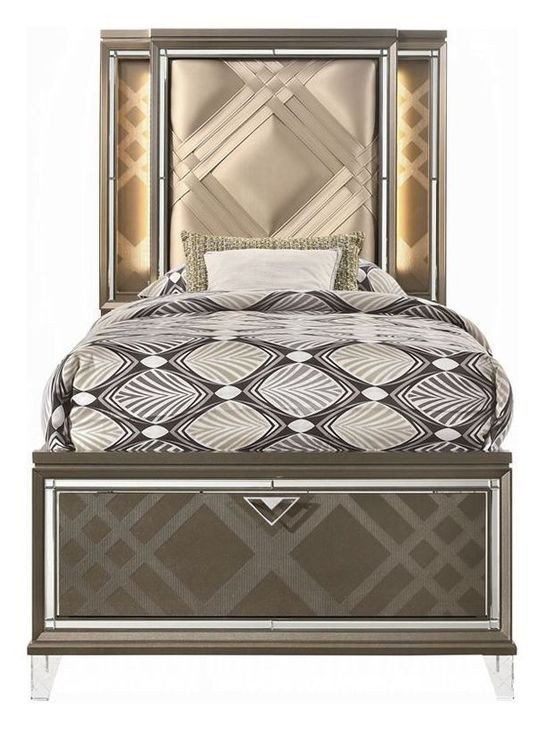 Skylar Beige and Dark Champagne Twin Upholstered Storage Panel Bed with LED