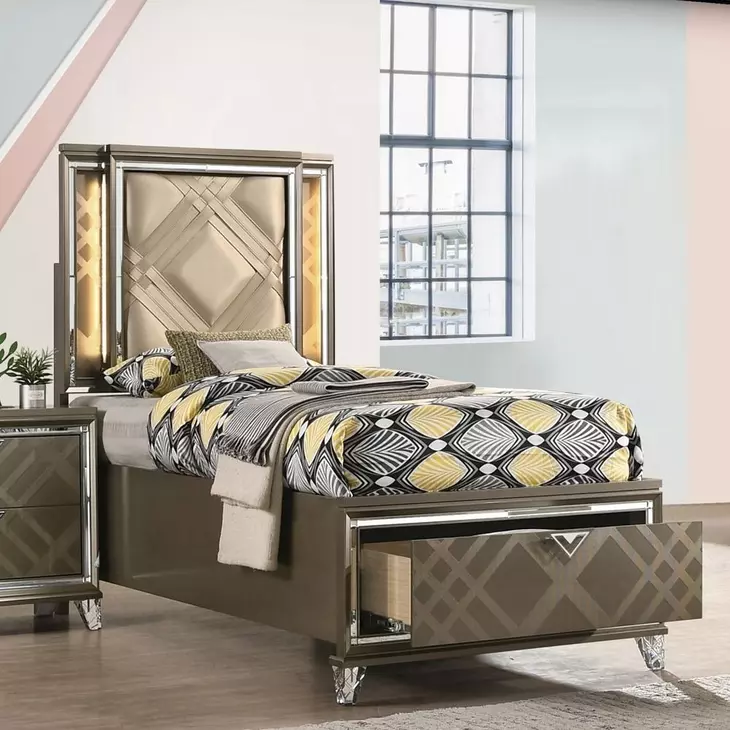 Skylar Beige and Dark Champagne Upholstered Storage Youth Panel Bedroom Set with LED