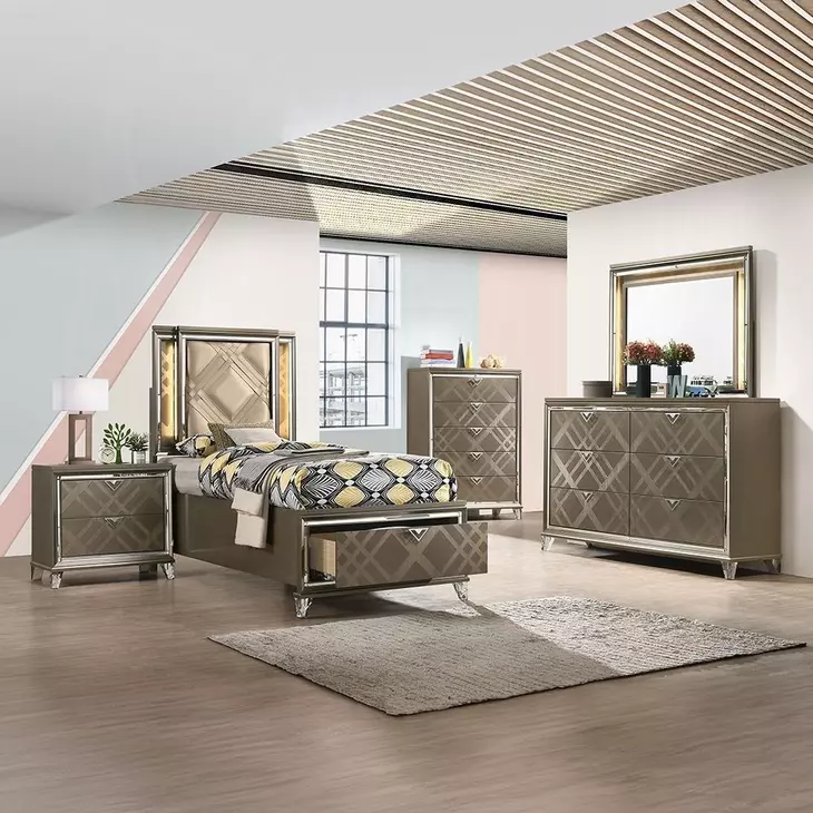 Skylar Beige and Dark Champagne Upholstered Storage Youth Panel Bedroom Set with LED